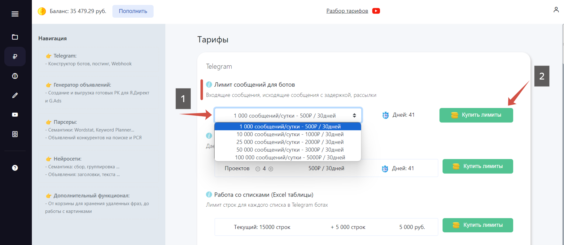 Тарифы для Telegram
