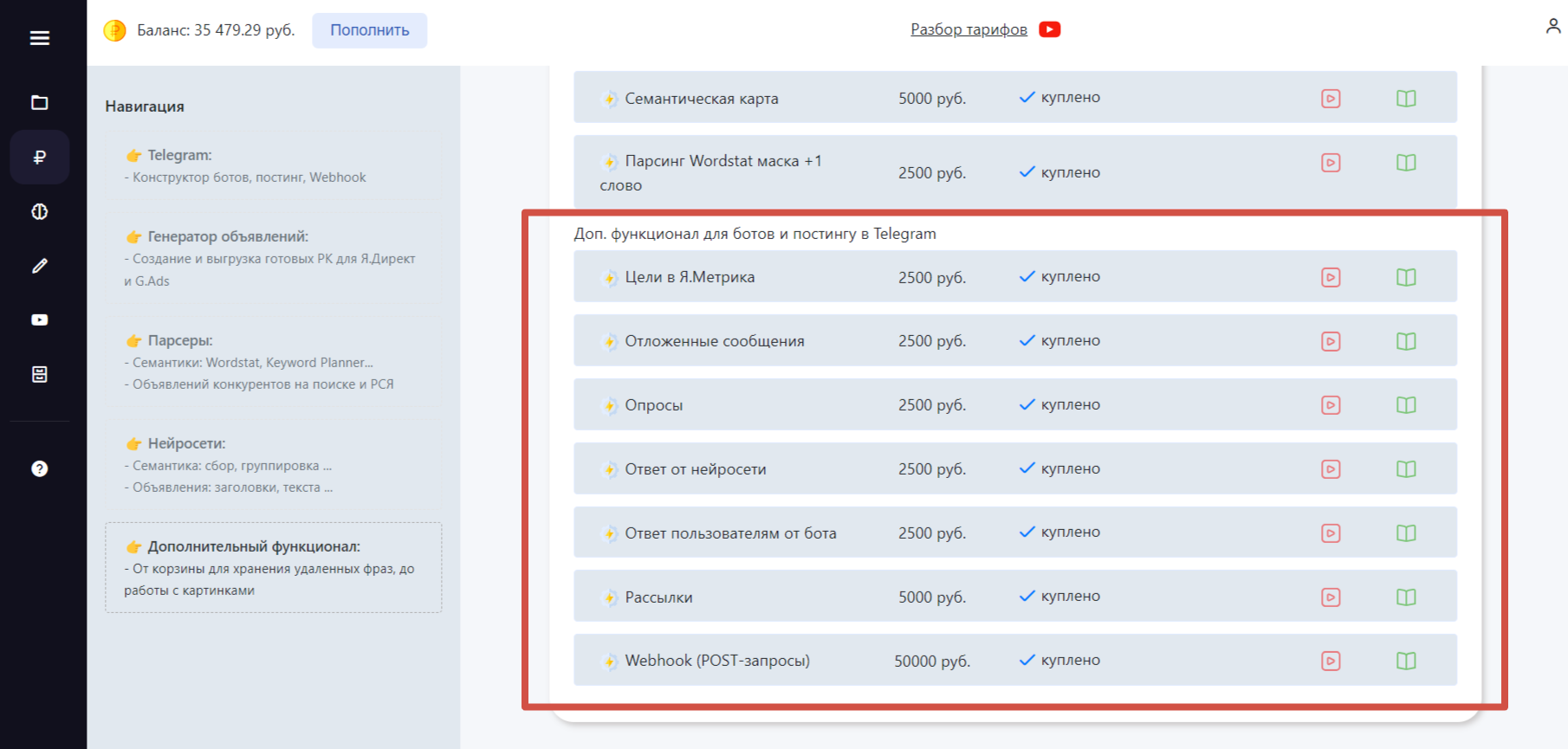 Тарифы для Telegram